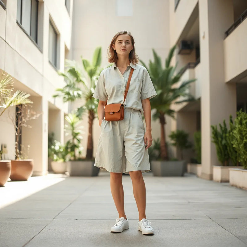Person in breathable linen summer outfit with relaxed fit shirt and shorts in sunny courtyard