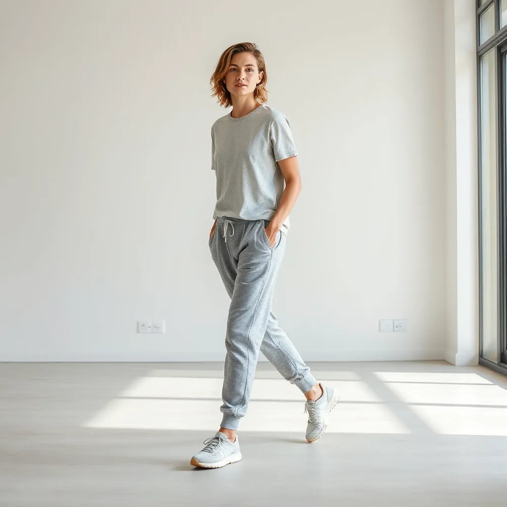 Model wearing relaxed athletic fit joggers and a performance tee in a bright, minimal setting
