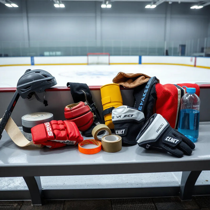 Ice hockey gear neatly arranged on a bench, including helmet, pads, gloves, and a stick