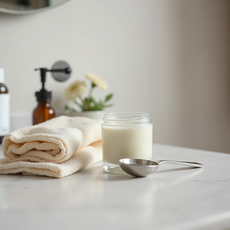 Jar of moisturizing face cream on a clean vanity with soft natural light and a smooth skincare texture