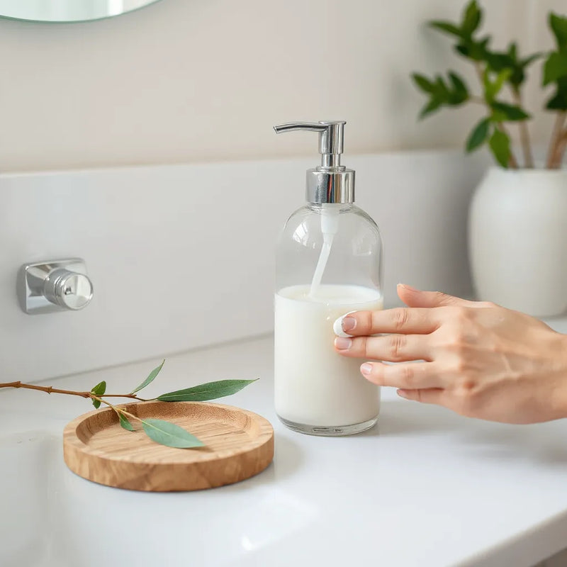 Hand applying a plant-based lotion next to a vegan lotion bottle and fresh leaves in soft light