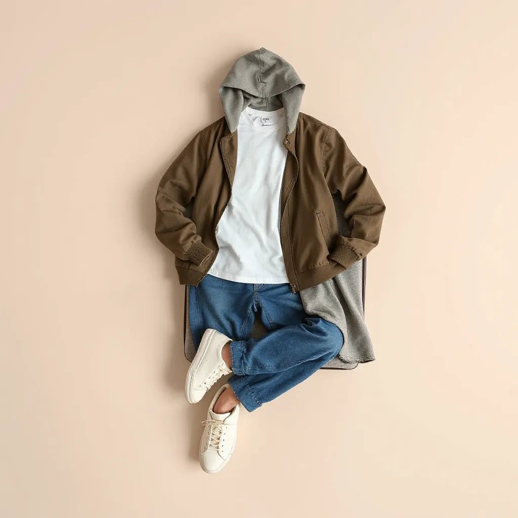 Relaxed unisex casual outfit with hoodie, t-shirt, jeans, and sneakers styled on a neutral background