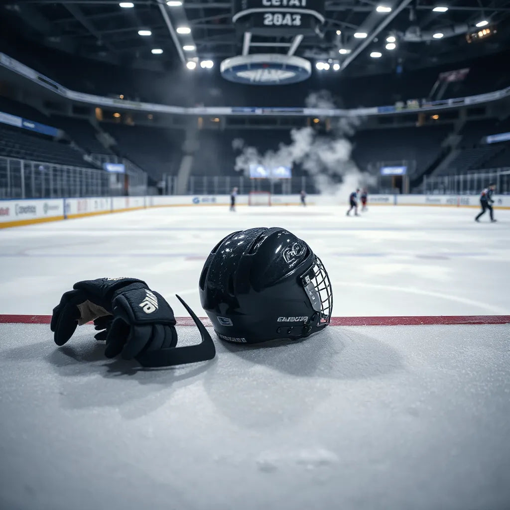 Hockey gear resting rinkside with the ice rink and blurred players in the background