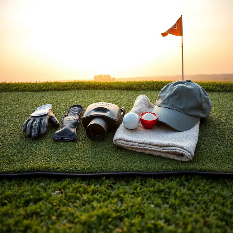 Golf accessories neatly arranged on a practice mat with a fairway and putting green blurred in the background