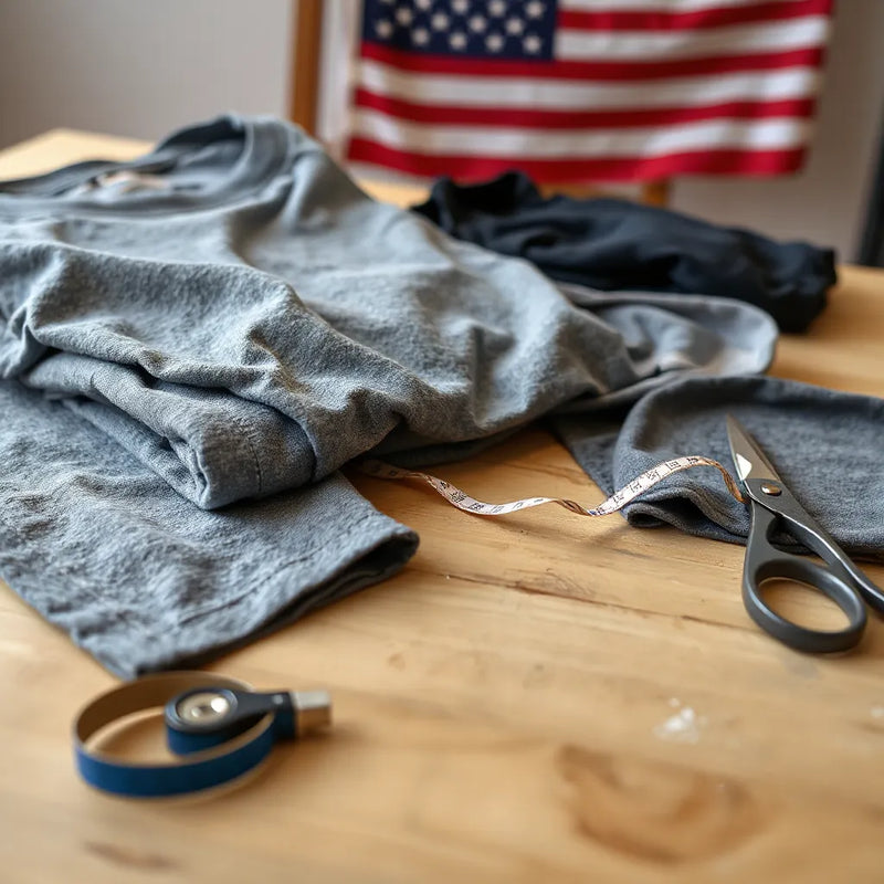 Folded athletic garments and close-up fabric stitching on a wooden workbench with a subtle American flag backdrop