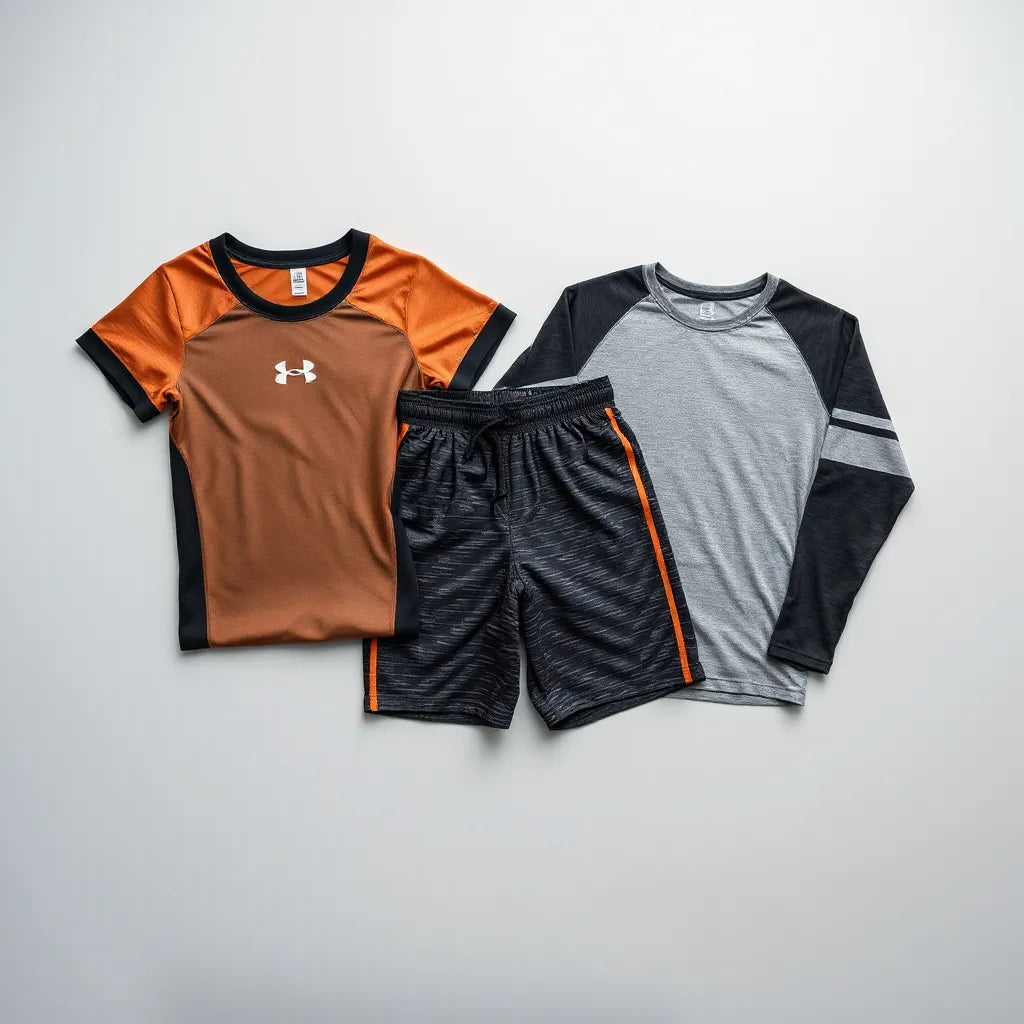 Folded athletic jersey, shorts, and compression shirt with team-style printed patterns on a clean background
