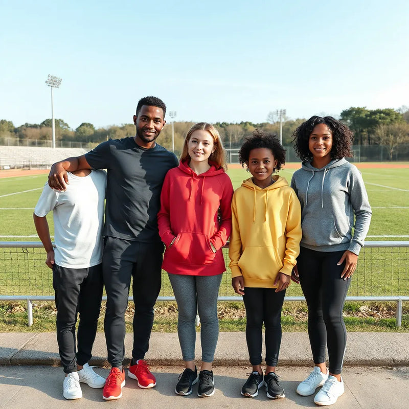 Family wearing coordinated sports clothing outdoors in casual athletic outfits