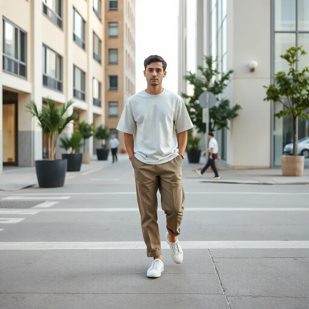 Person wearing relaxed fit t-shirt and trousers in a bright casual outdoor setting