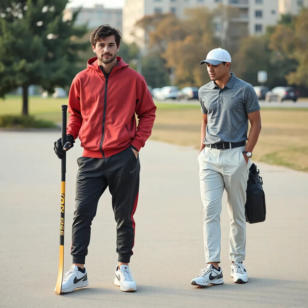 Layered hockey and golf inspired outfits with sports gear in a park setting