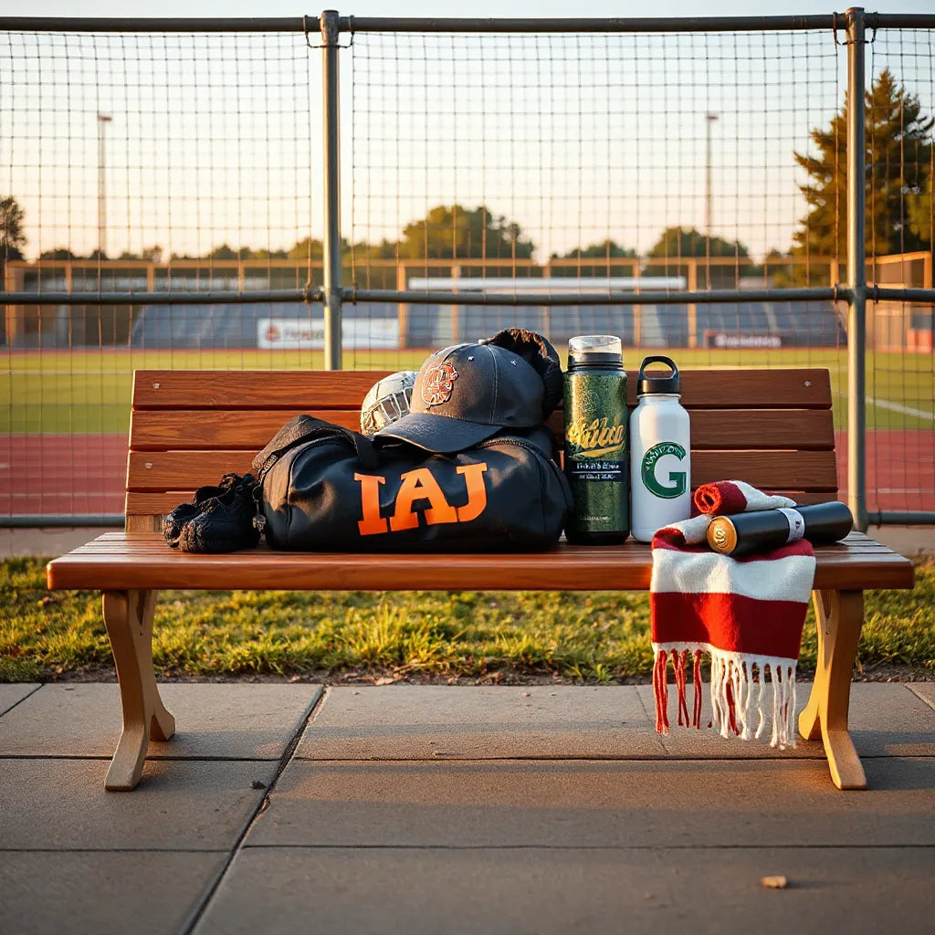 Sports-themed gift set with cap, hoodie, water bottle, and duffel bag arranged near a field