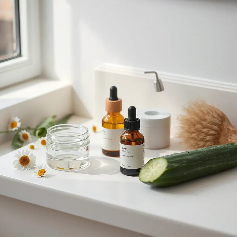 Organic skincare bottles and jars with chamomile and aloe on a bright bathroom counter