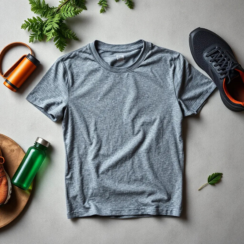 Folded men’s athletic tee with visible fabric texture on a neutral background near simple workout accessories