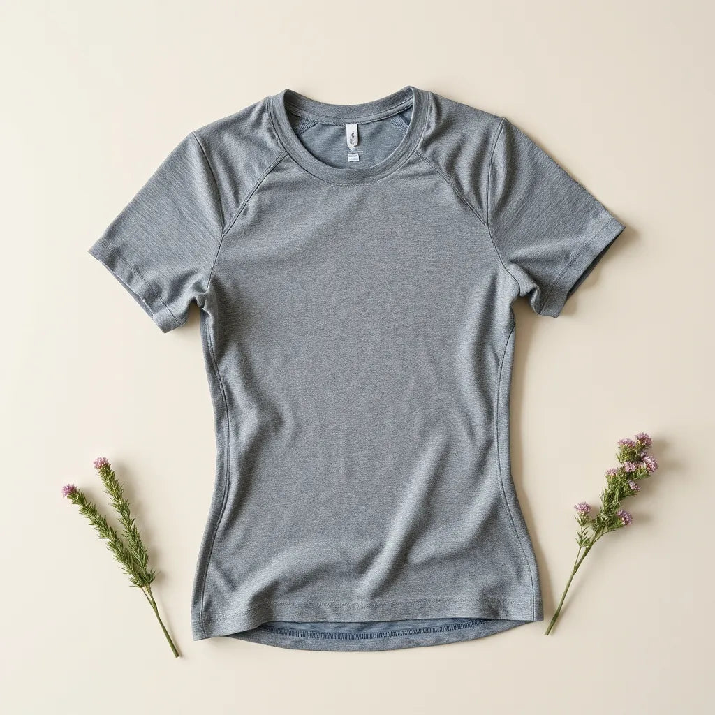 Women’s athletic sports shirt with visible fabric texture and fitted silhouette on a neutral background