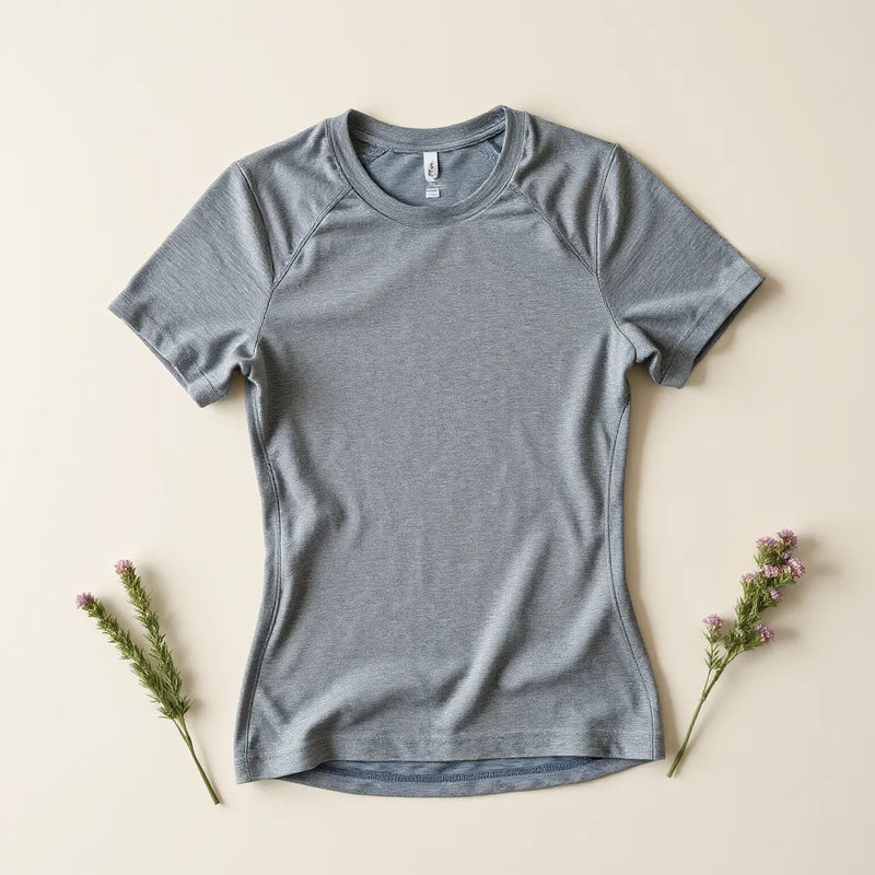 Women’s athletic sports shirt with visible fabric texture and fitted silhouette on a neutral background