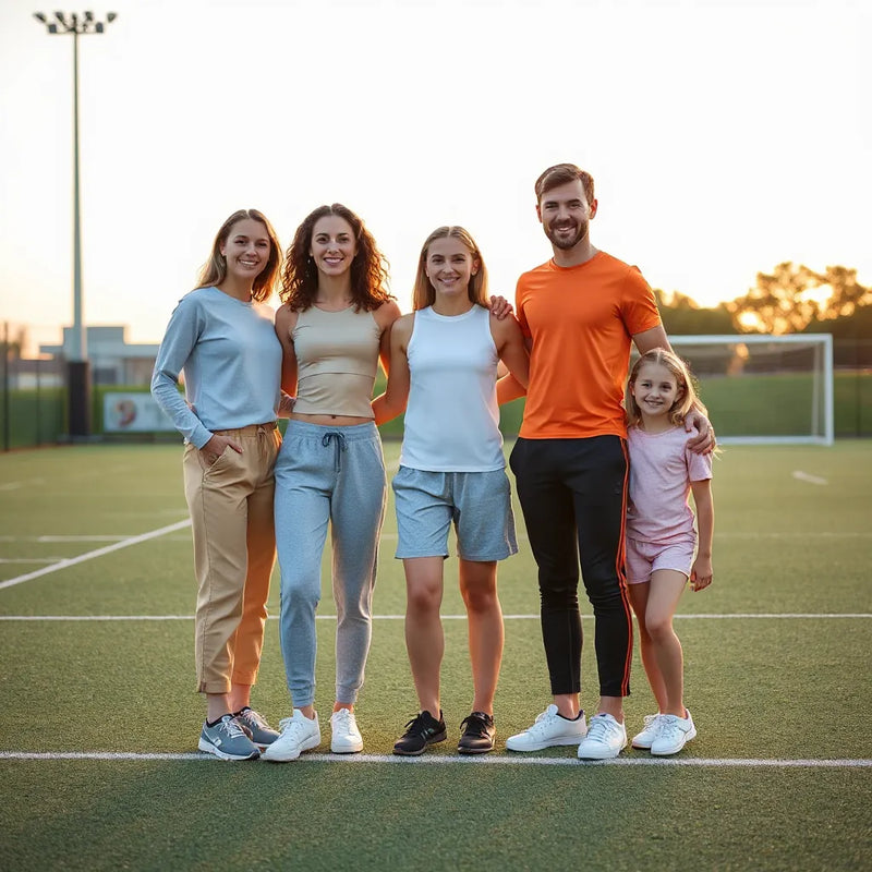 Family of four in coordinated athletic outfits on a sports field at golden hour