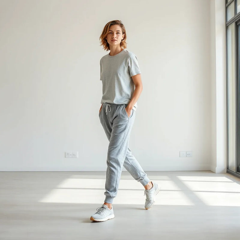 Model wearing relaxed athletic fit joggers and a performance tee in a bright, minimal setting