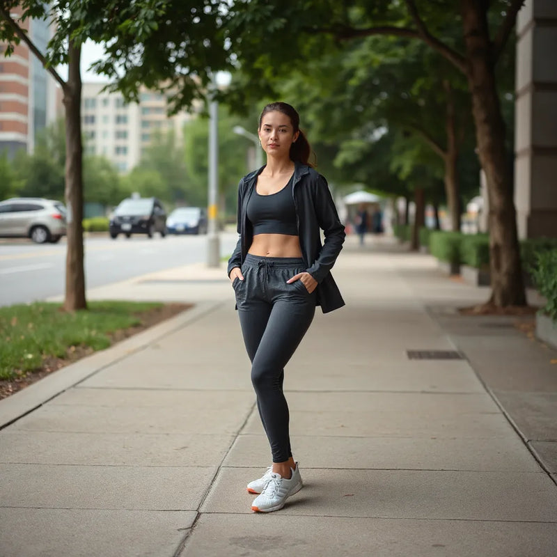 Person in breathable activewear standing outdoors, showing outfit fit and fabric texture