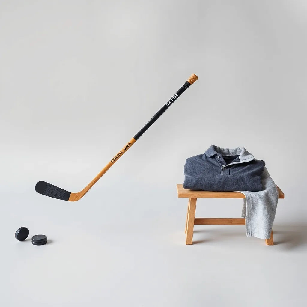 Golf club and hockey stick crossed beside a golf ball and puck with sporty apparel folded