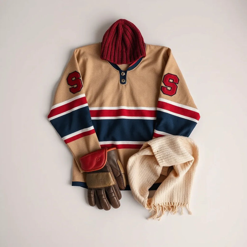 Vintage hockey jersey, gloves, beanie, and scarf arranged on a clean neutral background