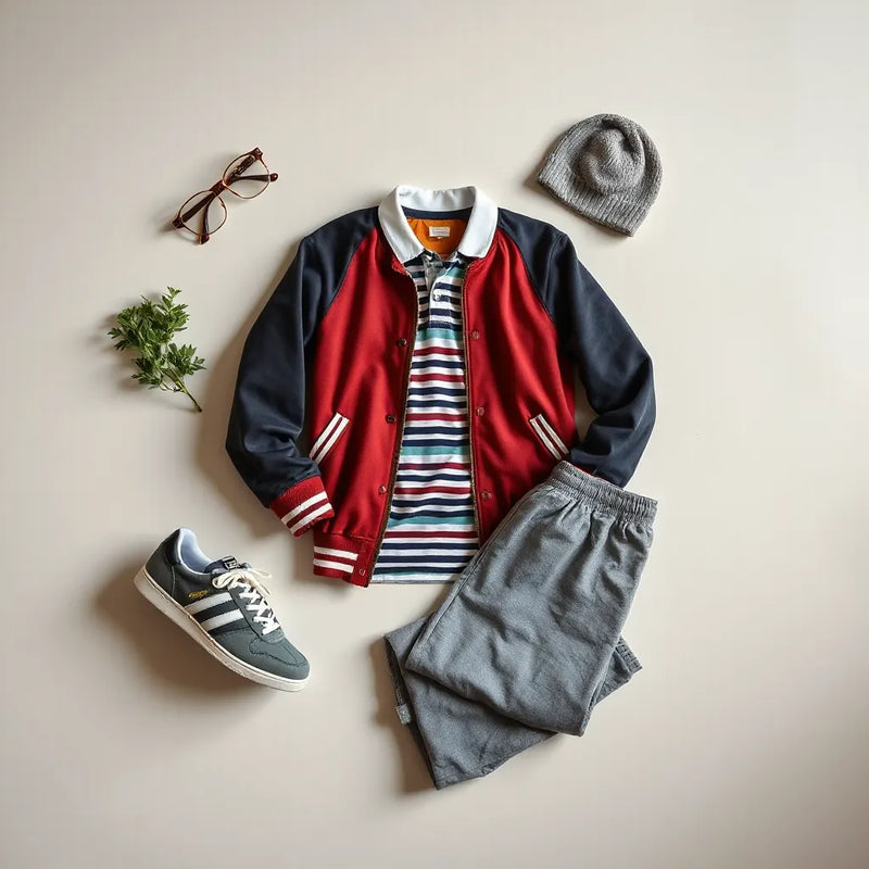 Retro varsity jacket and striped rugby polo with classic sneakers on a neutral background