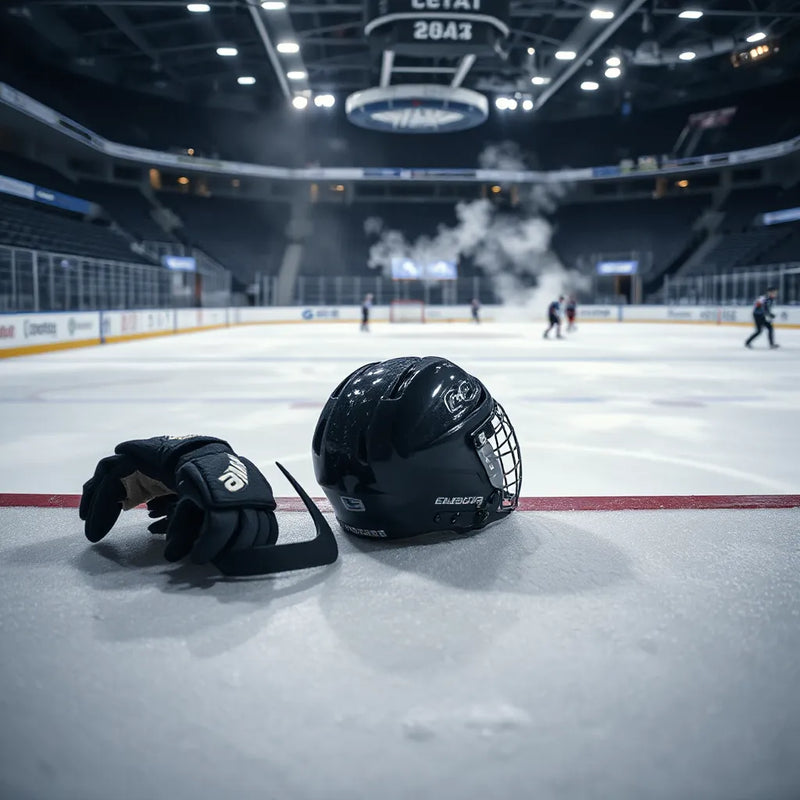Hockey gear resting rinkside with the ice rink and blurred players in the background