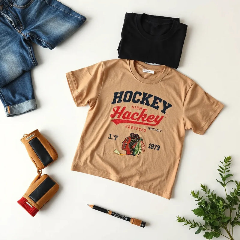 Faded vintage hockey t-shirts styled on a light background with jeans and gloves nearby
