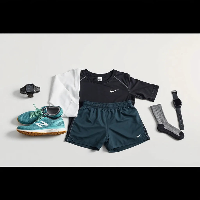 Breathable running shoes and fitted training apparel arranged for performance and comfort