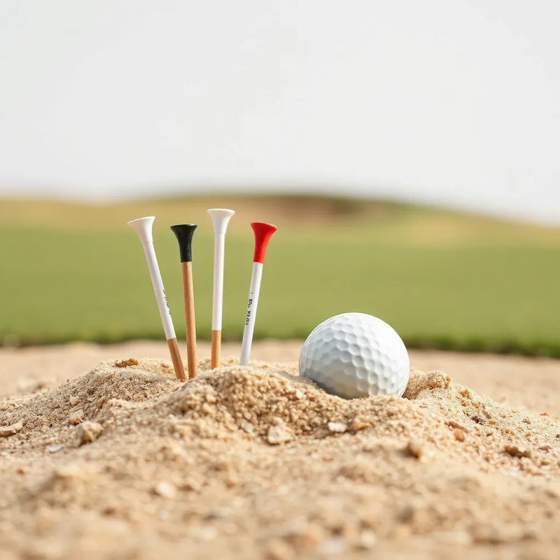 Assorted adult golf tees of different heights on a tee box with a golf ball nearby