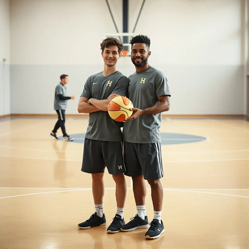 Teammates in sports attire with subtle honor-themed designs standing on an indoor court before a game