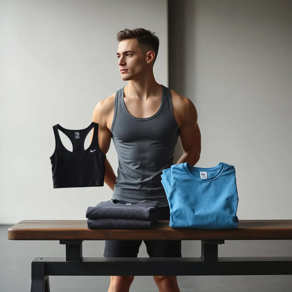 Unisex athletic tops displayed with a model wearing a fitted performance shirt in a minimal studio setting