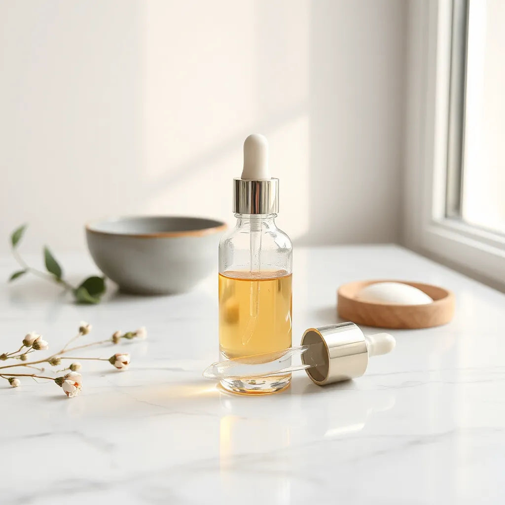 Glass serum dropper bottle and skincare items on white marble under soft natural light