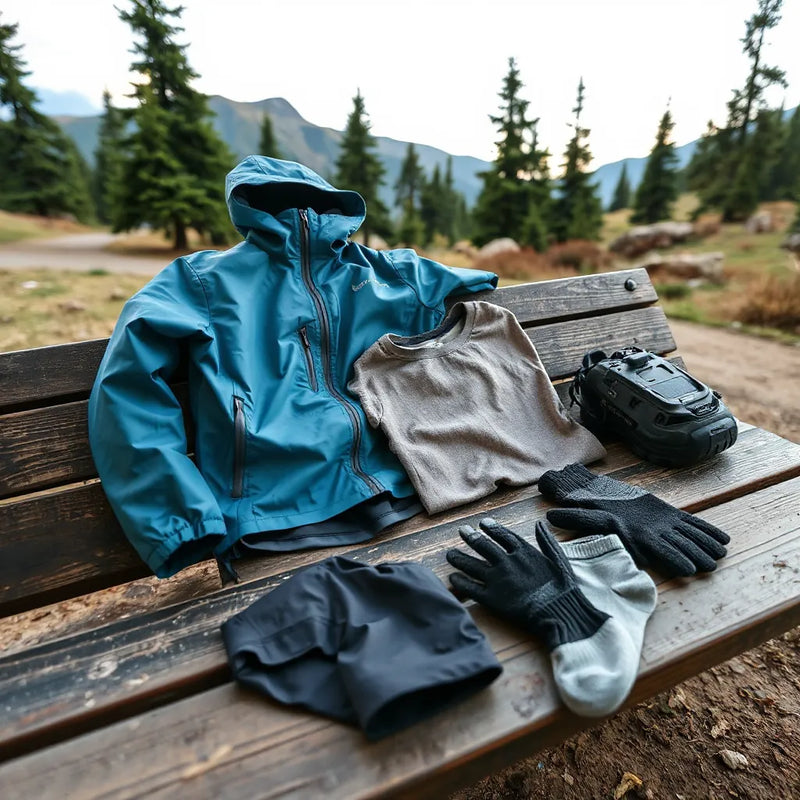 Breathable outdoor sports clothing and accessories arranged outdoors near a mountain trail