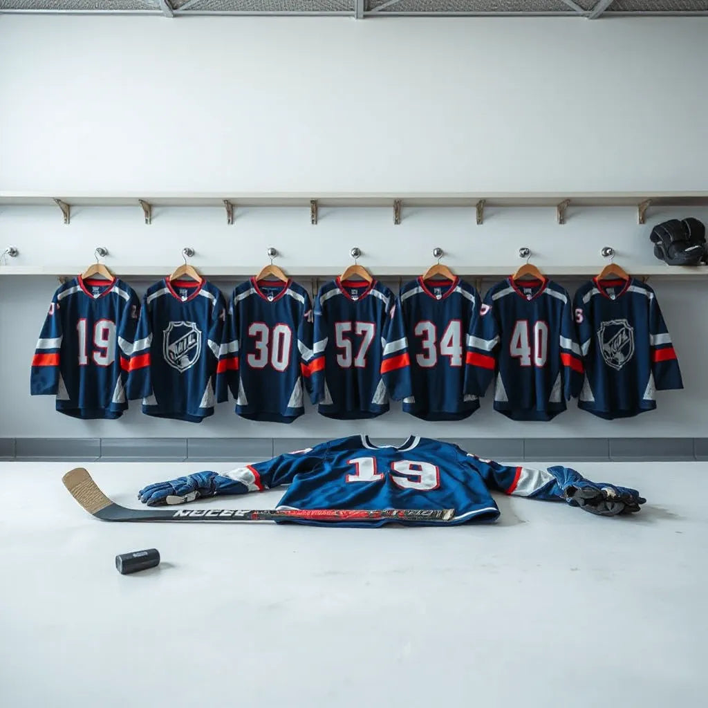 Youth hockey jerseys hanging in a locker room with hockey gear in the background