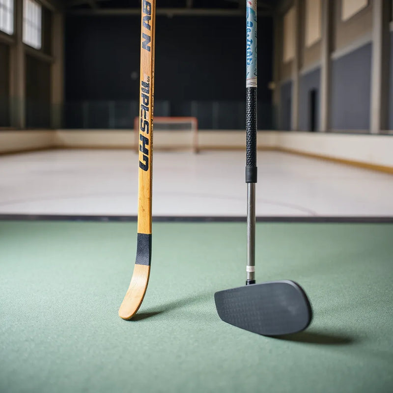 Hockey stick and golf club placed side by side with a blurred rink and course backdrop