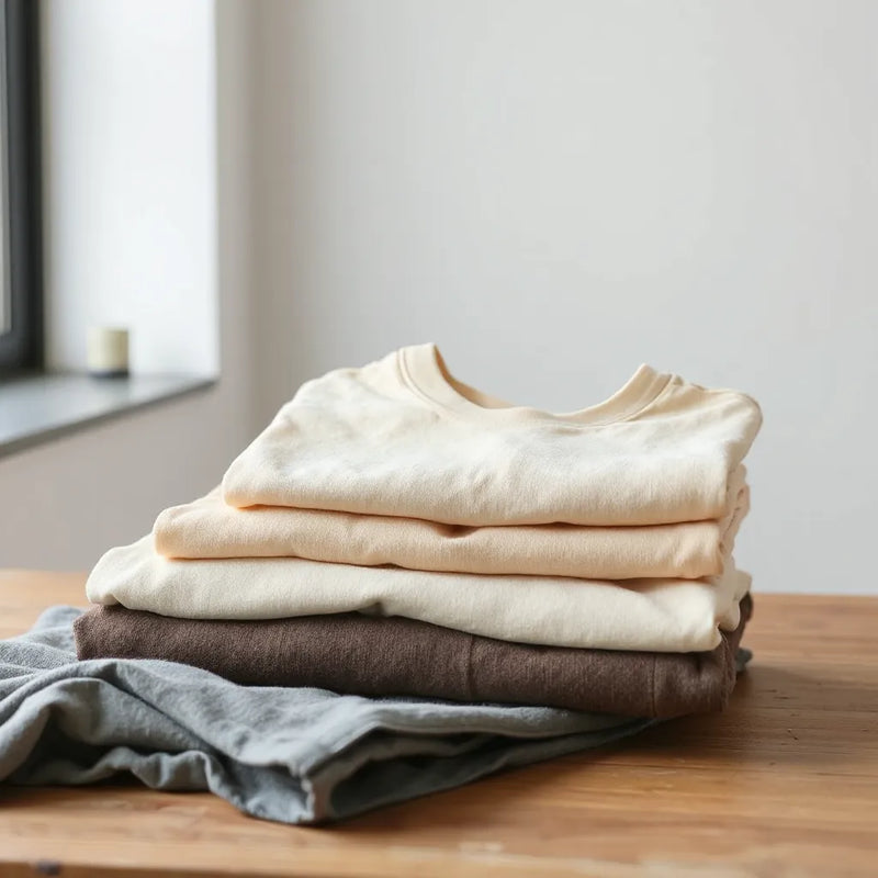 Folded heavyweight fabric t-shirts with visible thickness and texture on a clean wooden surface