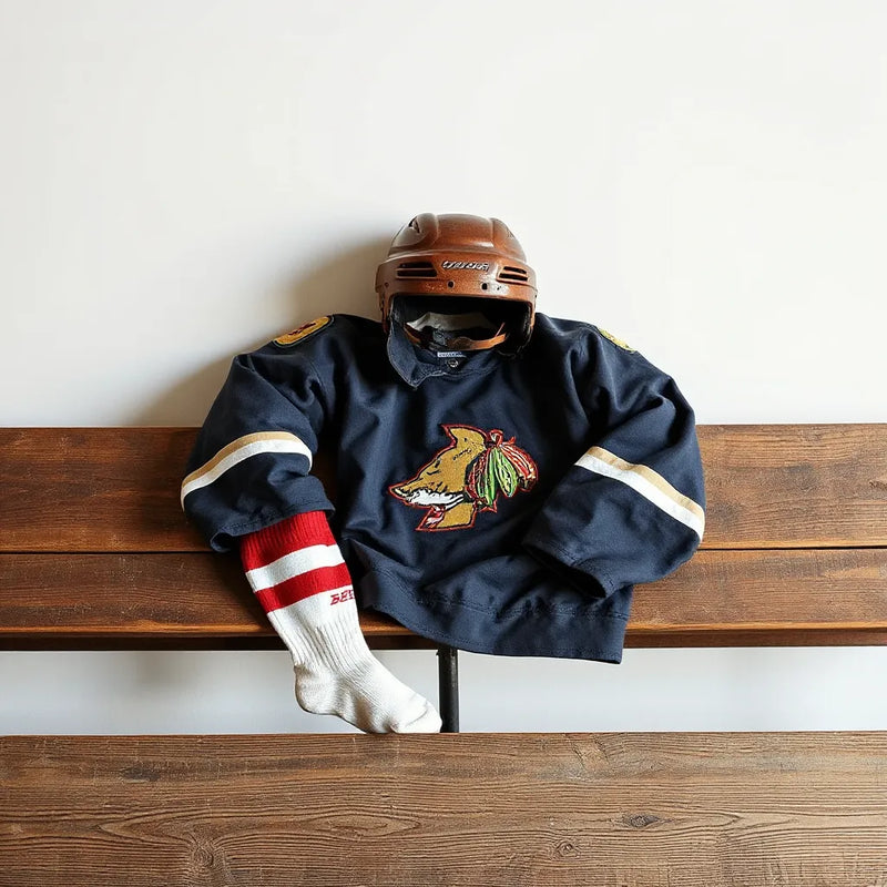 Retro hockey jersey, vintage socks, and a classic helmet arranged on a wooden bench