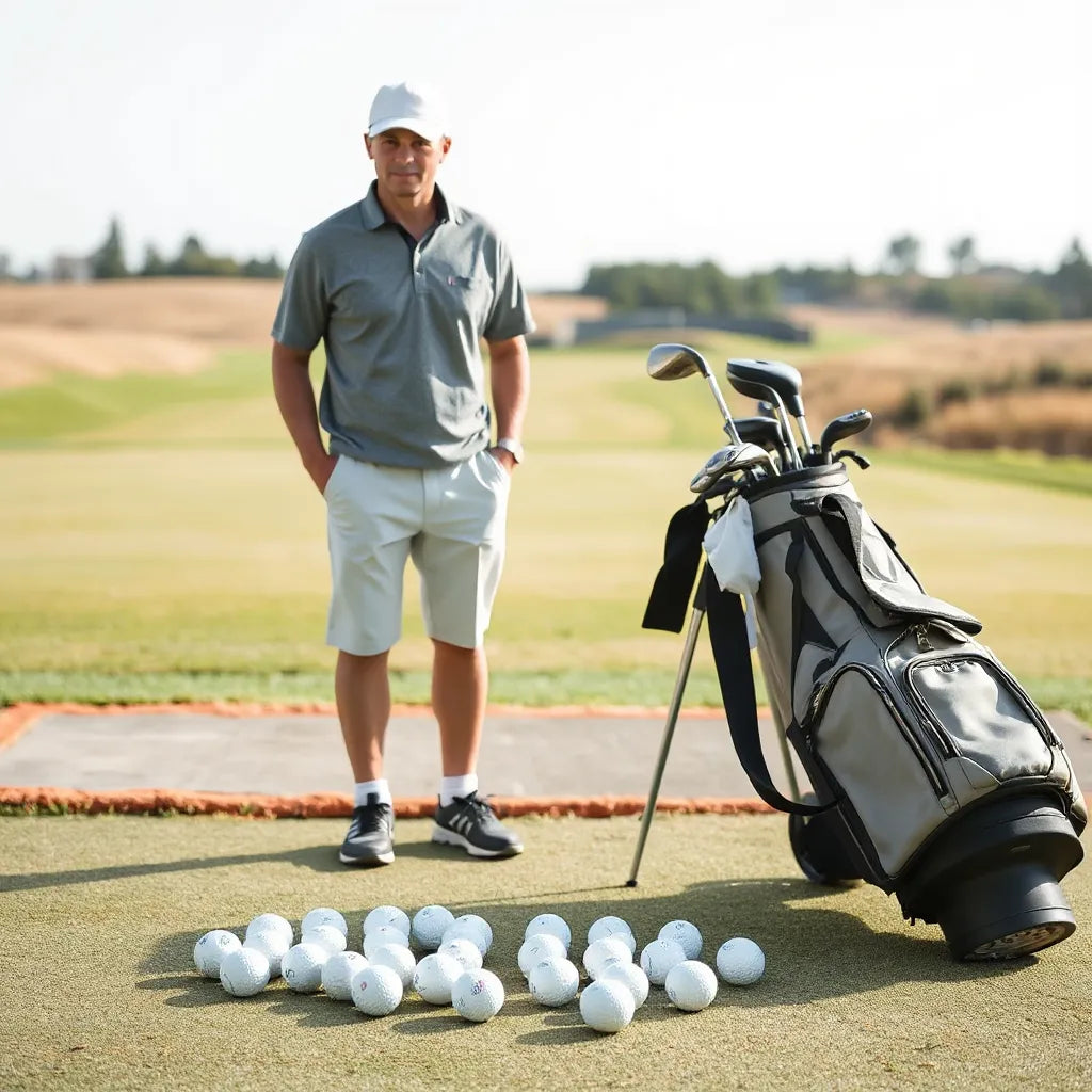 Golfer in layered golf clothing standing by a club bag on a driving range