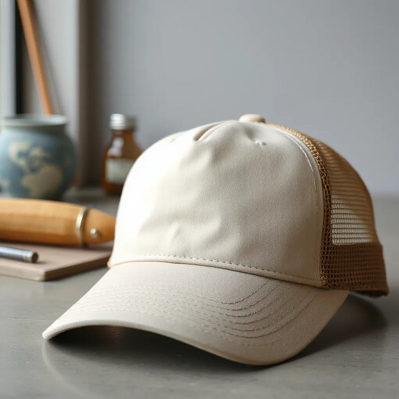 Structured trucker hat with embroidered front and breathable mesh back in soft daylight