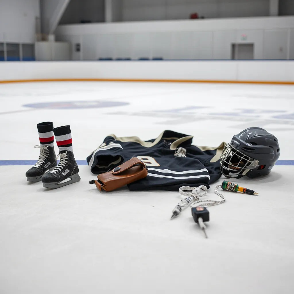 Hockey gear essentials laid out neatly near an indoor ice rink, including jersey, base layer, and socks.