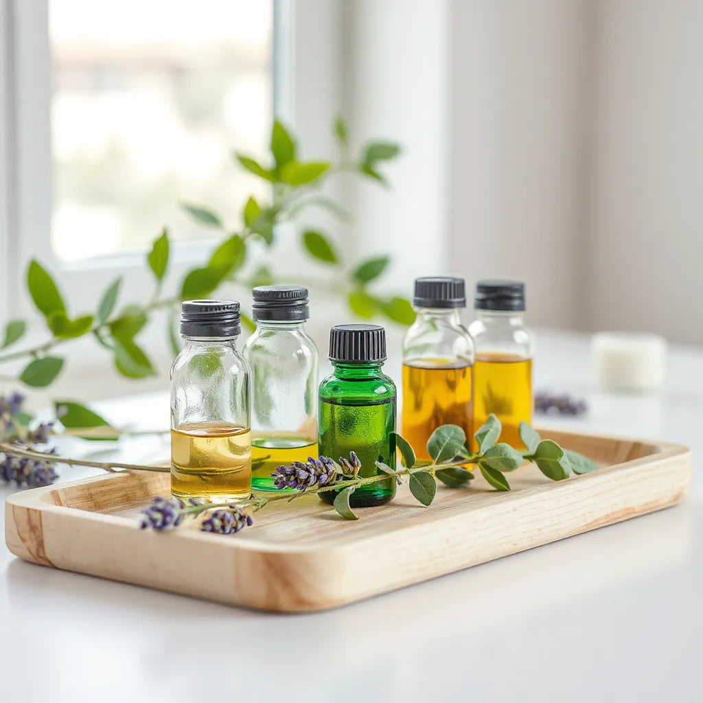 Glass essential oil bottles with lavender and eucalyptus leaves on a wooden tray in soft natural light