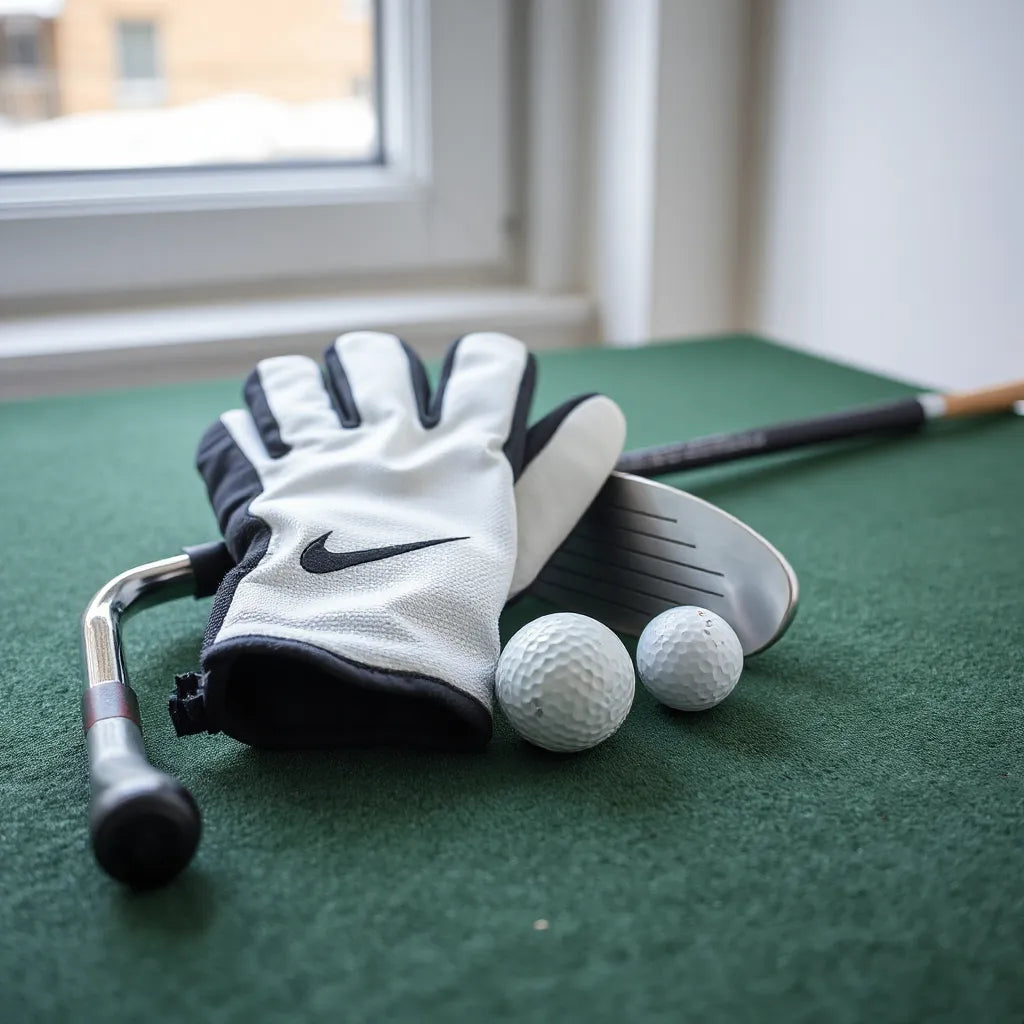 Ice hockey gloves next to golf clubs and a golf ball on green felt