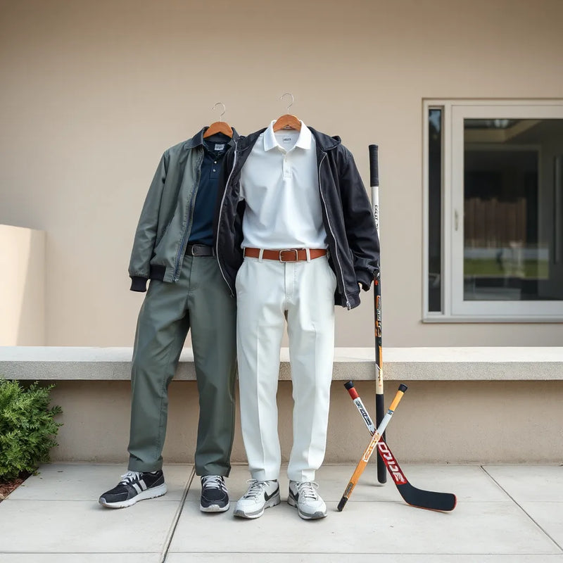 Casual sports outfit blending hockey and golf styles with a hockey stick and golf club in the background