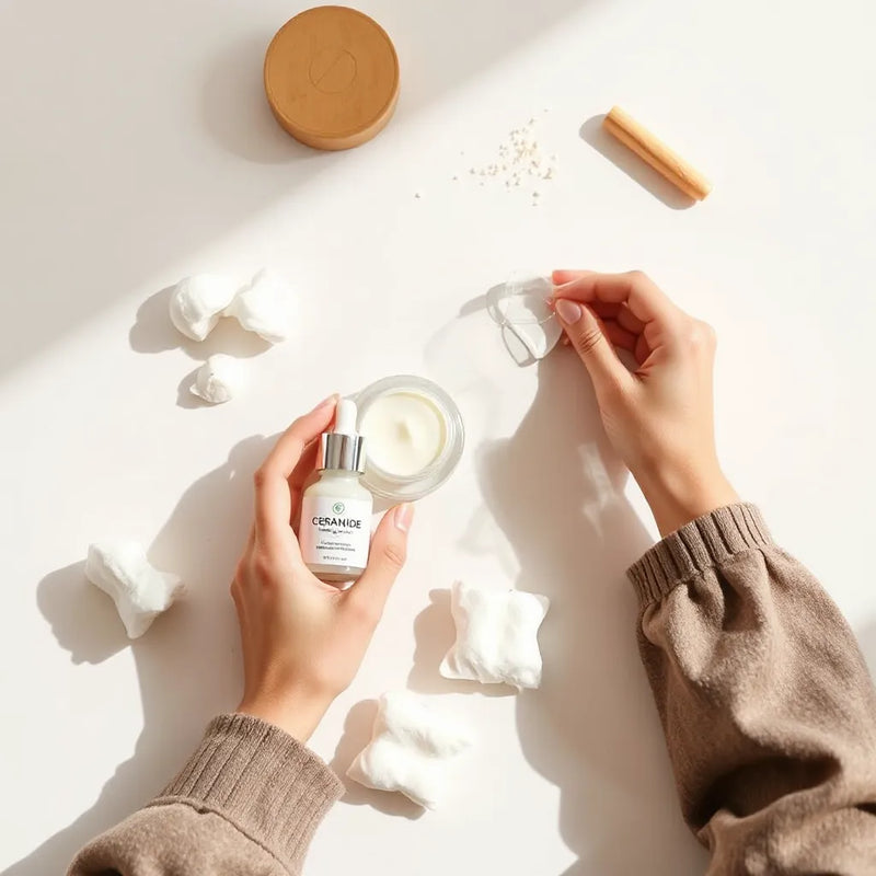 Hands applying fragrance-free moisturizer with calming skincare products on a clean countertop