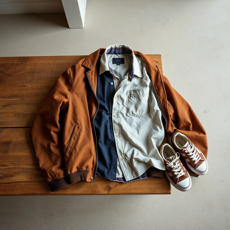 Vintage sports jacket and classic sneakers styled on a wooden bench in soft natural light